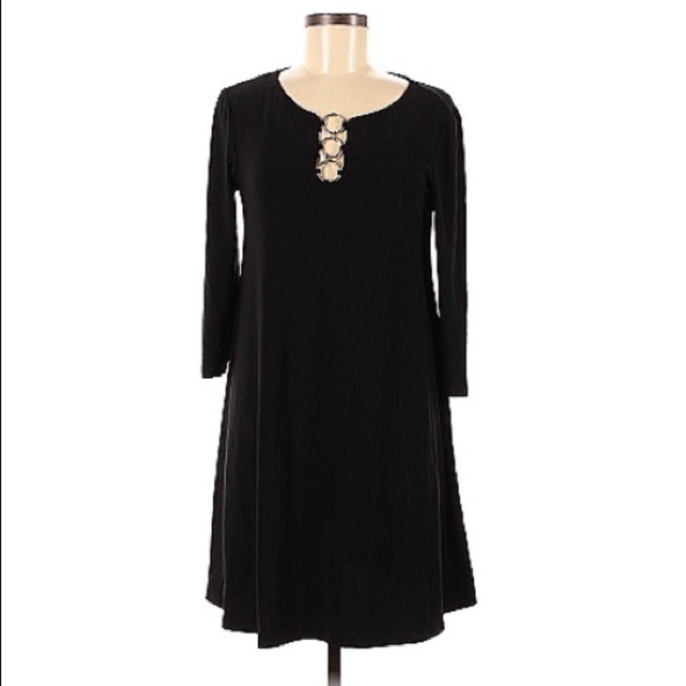 Roz & Ali A-line black dress with gold circle neckline detail